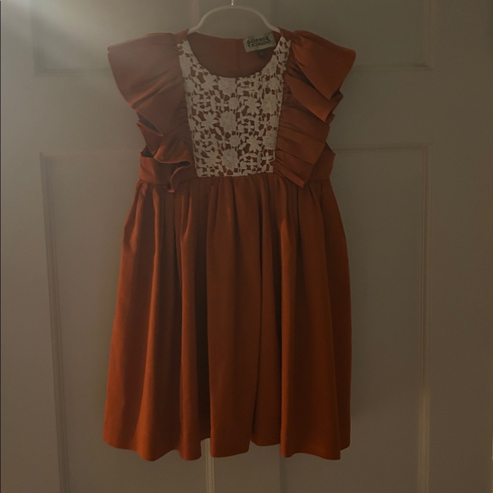 Fall Orange Ruffle Dress with Lace Detail